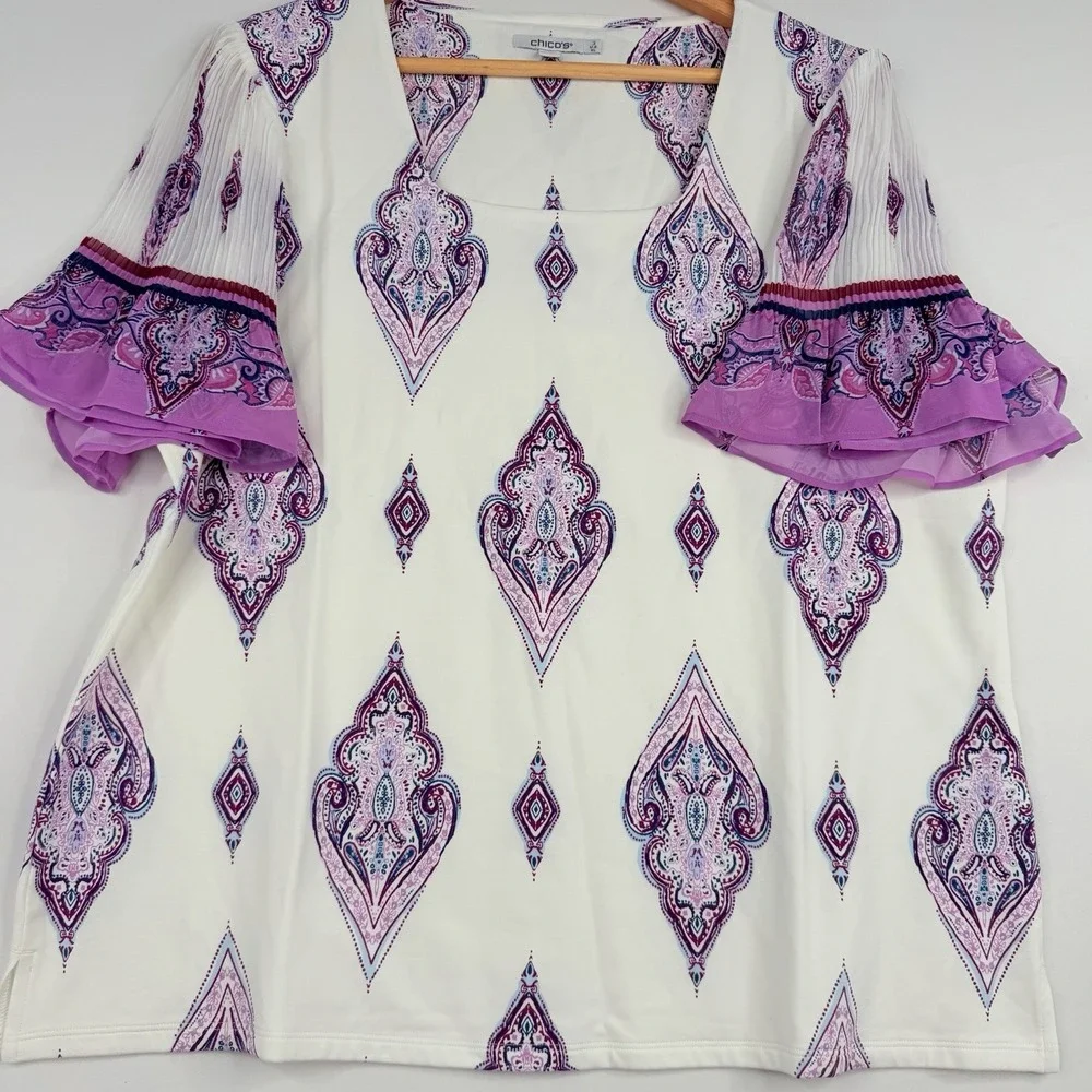 Chico's Knit Square Neck White Purple Paisley Chiffon Flutter Sleeve Top SZ-3-XL